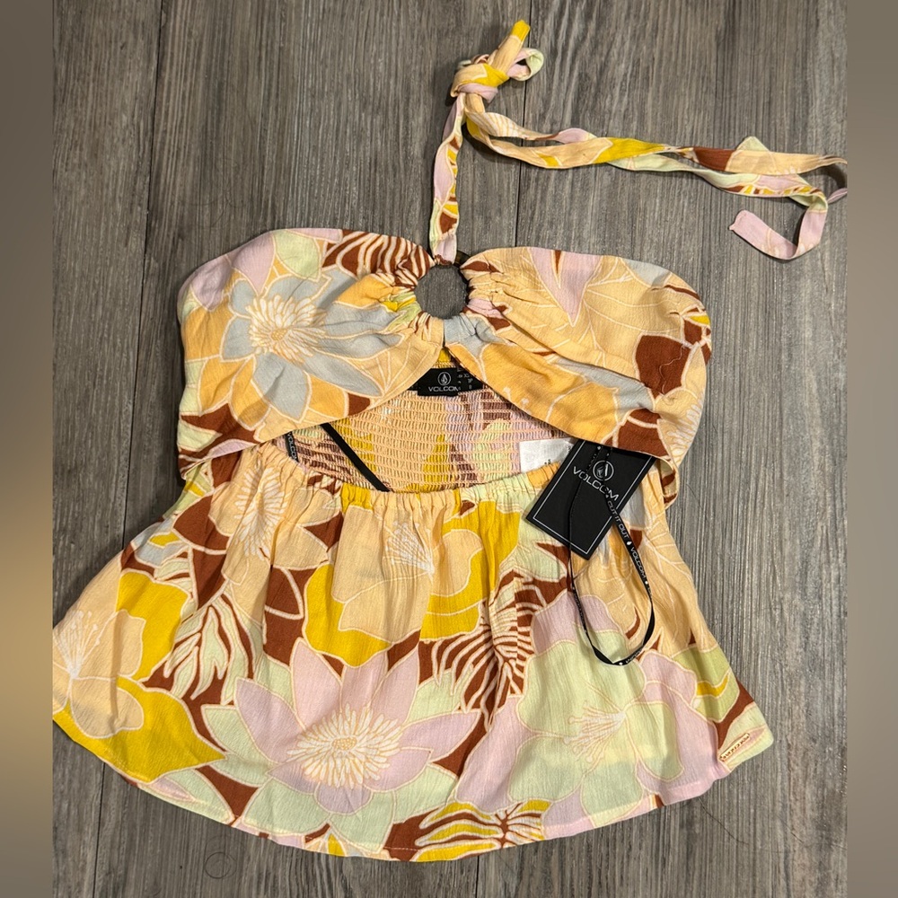 Volcom Floral Halter Top - Yellow and Brown